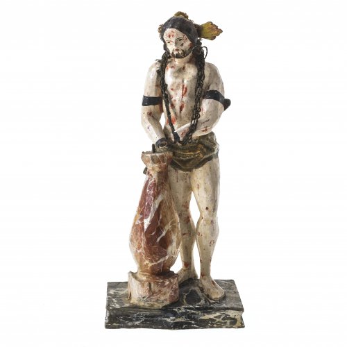 Christus an der Geißelsäule. Holz, übergangene Farbfassung. H. 18 cm. Besch.