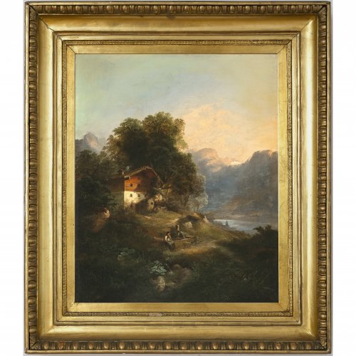 Barbarini, Franz, zugeschrieben. Berglandschaft mit Bauernhaus und rastendem Mädchen vor einem Brunnen. Öl/Lw. 68 x 55 cm. Rest., doubl. Unsign.