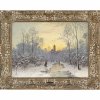 Gogarten, Heinrich. Heimkehrende Reisigsammlerin in Winterlandschaft am gefrorenen Bachlauf. Öl/Lw. 55 x 75 cm. Sign.