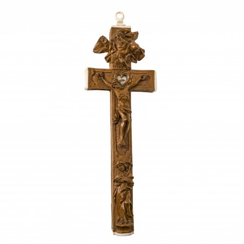 Reliquienkreuz. Oberammergau. Buchsbaum. Schieber mit Arma Christi. L. 32 cm.