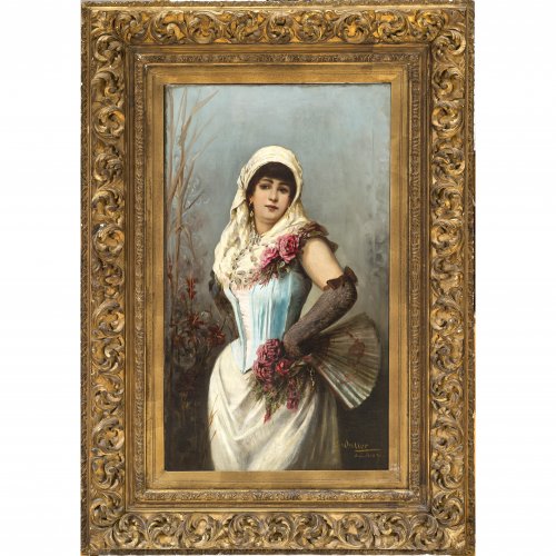 Waller, C. Junge, südländische Dame mit Kopftuch und . Öl/Lw. 98 x 58 cm. Rest., doubl. Sign.