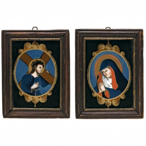 Ein Paar Hinterglasbilder. Seehausen, 19. Jh. Christus und Maria. Je 14 x 10 cm.