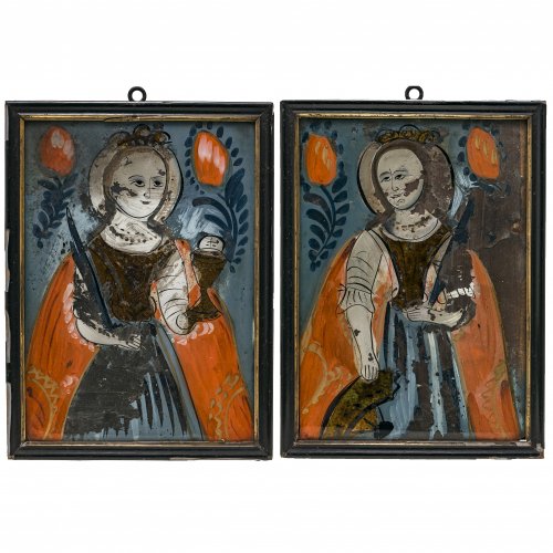 Zwei Hinterglasbilder. Buchers oder Sandl, 19. Jh. Hl. Barbara und hl. Katharina. Tempera/Glas. Starker Farbabrieb. Je 30 x 21 cm.