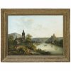 Bilderuhr. Rheinland, 1. Drittel 19. Jh. Rheinlandschaft, innen Klebezettel: Radermacher, Blankenheim. Rheinlandschaft mit Ortschaft und Burg, im Vordergrund Angler und Brücke mit Schafherde. Mechanisches Werk, Schlagwerk auf fünf Tonfedern. Craquelé, leicht besch., rest., Rahmen mit Pressornamentik best. 66 x 85 x 14 cm.