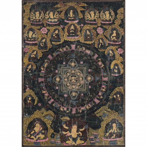 Thangka. Tibet. Mandala mit Gottheiten. 85 x 60 cm.