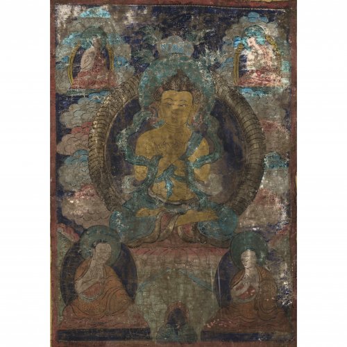 Thangka. Tibet. Buddha im Meditationssitz. Besch. 61 x 43 cm.