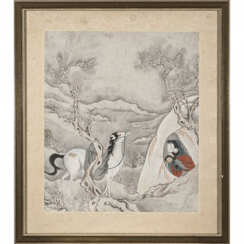 China, 18./19. Jh. Mutter mit Kind in einer Höhle. Kol. Tuschezeichnung. Leicht fleckig. 30 x 25,5 cm.