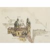 Meyer, deutsch, 20. Jh. Blick auf die Theatinerkirche in München. Skizze. Aquarellierte Bleistiftzeichnung. 25 x 35 cm. Sign., dat. 87.