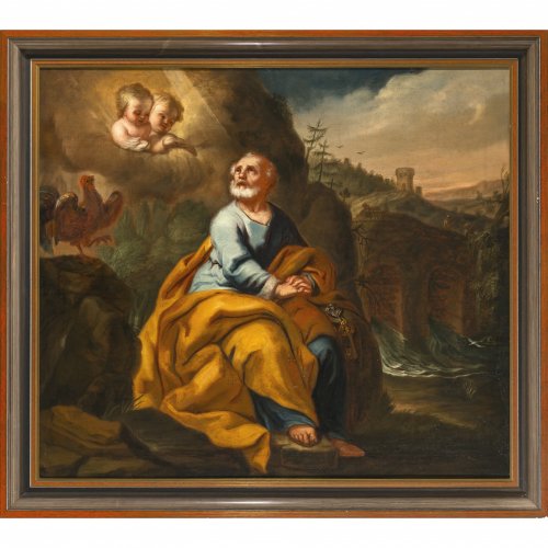 Süddeutsch, 18. Jh. Hl. Petrus mit Hahn und zwei Engelköpfen. Öl/Lw. 74,5 x 85 cm. Doubl., rest., unsign.