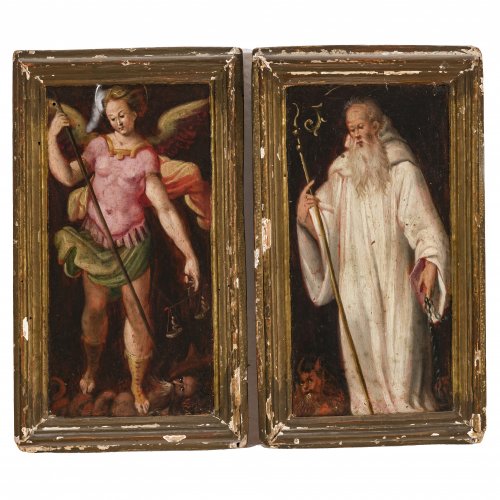 Italien, 16./17. Jh. Zwei Andachtstafeln: Erzengel Michael und Antonius Eremita, jeweils im Sieg über den Teufel. Öl/Holz. 22,5 x 11 cm. Besch. Unsign.