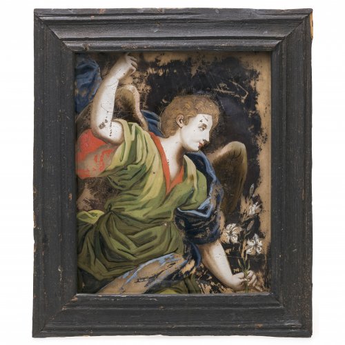 Hinterglasbild. Süddeutsch, um 1800. Verkündigungsengel. Tempera/Glas. Starker Farbabrieb. 23 x 18 cm.