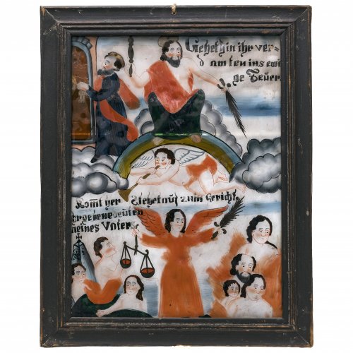 Hinterglasbild. Buchers oder Sandl, Das jüngste Gericht. Tempera/Glas, 36 x 26,5 cm. Glas gewellt, Farbabrieb, rest.