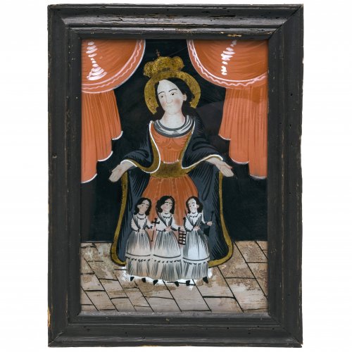 Hinterglasbild. Buchers oder Sandl. Schutzmantelmadonna. Tempera/Glas, 29,5 x 20 cm. Farbablösungen, Rückwand erg.