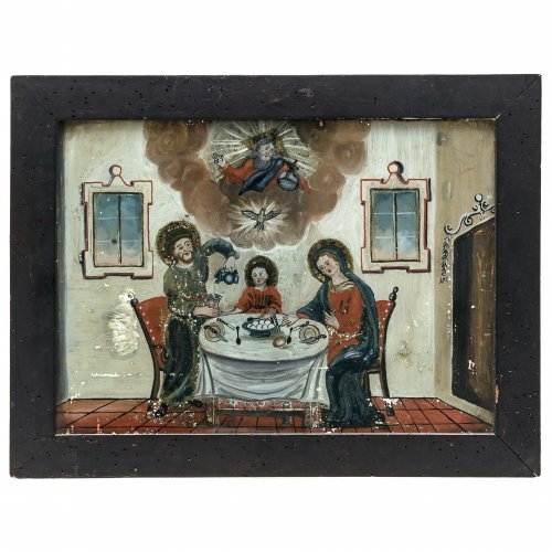 Hinterglasbild. Süddeutsch. Hl. Familie zu Tisch. Tempera/Glas, 22 x 30,5 cm. Rest., Rückwand fehlt.