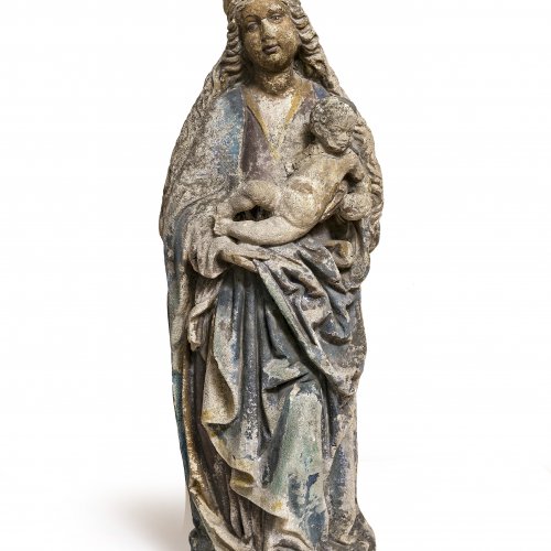 Maria mit Jesuskind. Steinguss. H. 69 cm. Reste von Farbfassung. Besch., Verwitterungsspuren. Besch., rest.