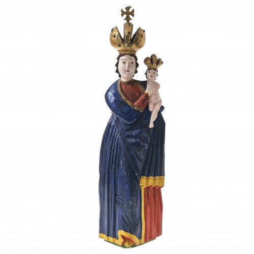 Holzscheitelmadonna mit Jesuskind. Böhmen, 19. Jh.  Nachbildung der 