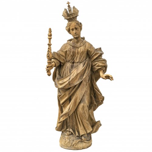 Fränkische Maria Immaculata, Karlstadt/Main, 18. Jh. Holz. Erg., rest. besch. H. 103 cm.