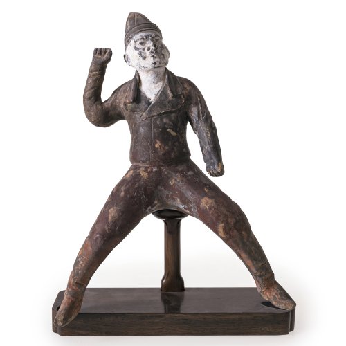 Reiterfigur. China. Terrakotta, farbig bemalt. Leicht besch. H. 30 cm.