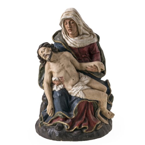 Pietà. Holz, übergangene Farbfassung. Wohl Italien. Rest. H. 38 cm.