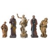 Fünf Heiligenstatuetten: Segnender Christus, Schmerzensmutter, hl. mit Buch und die Apostel Petrus und Paulus. Holz, Farbfassung, eine ungefasst. Tw. besch., erg. H. 14-20 cm.