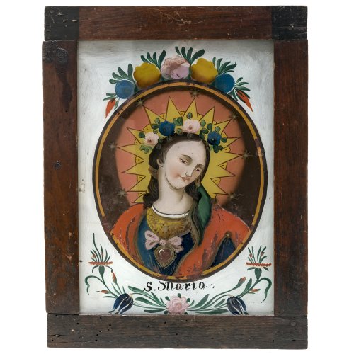 Hinterglasbild, Seehausen. 19. Jh., S. Maria in ovaler Kartusche, Tempera/Glas, Farbabrieb, Rückwand fehlt. 25,5 x  18,5 cm.