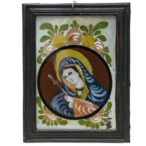 Hinterglasbild, Raimundsreut. Mater Dolorosa in Rundkartusche, Tempera/Glas, mit Farbabrieb. 25 x 18,5 cm.