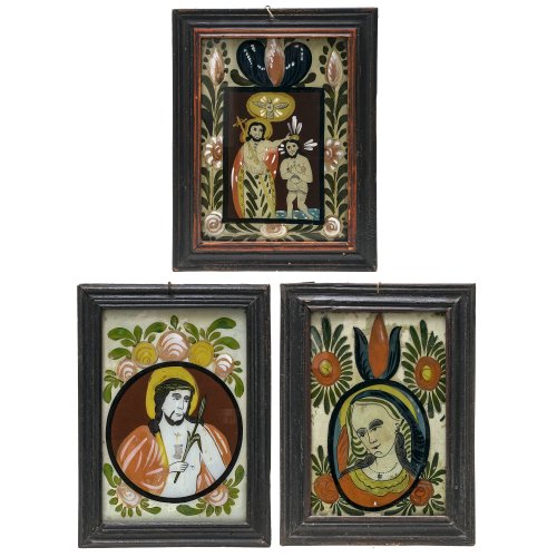 Drei Hinterglasbilder, Raimundsreut. Mariendarstellung in ovaler Kartusche, Jesus mit Palmzweig in Rundkartusche und Taufe Jesu, Tempera/Glas, teilweise starker Farbabrieb und rest., ca. 25 x 18.