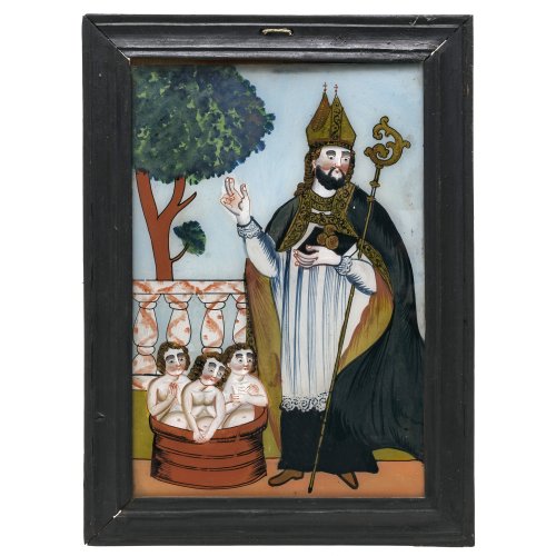 Hinterglasbild. Buchers oder Sandl. Hl. Nikolaus von Myra. Tempera/Glas, 30 x 20 cm. Rahmen erg.