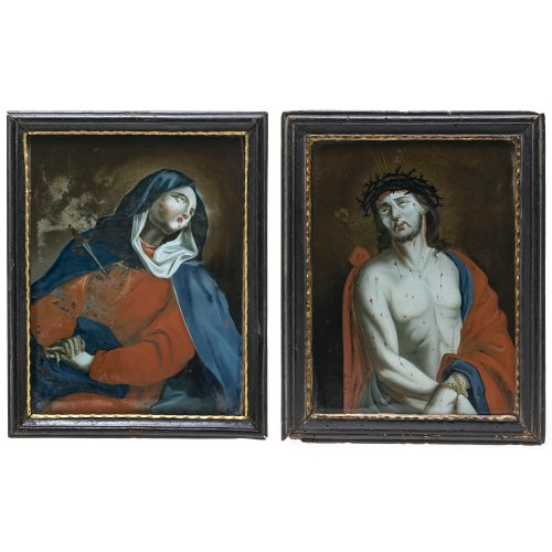 Zwei Hinterglasbilder. Staffelseegebiet. Mater Dolorosa und gegeißelter Christus. Tempera/Glas,  Je 25,5 x 19 cm. Farbabrieb, Kratzspuren, Rückwände erg.