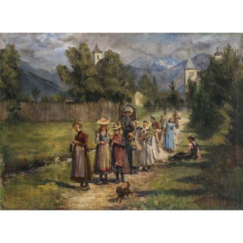 Löffler, Hugo, Mädchen nach dem Kirchgang. Öl/Lw. 75,5 x 106 cm. Sign.