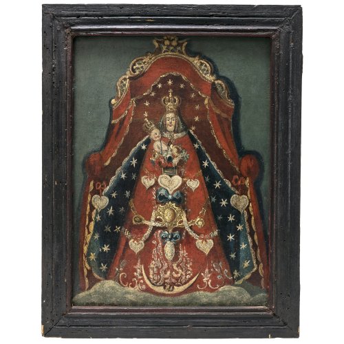 Gnadenbild. Süddeutsch, 19. Jh. Wallfahrtsmadonna in barockem Festgewand auf Mondsichel mit Farbabrieb. Öl/ Lw. Rest., doubl. 28 x 20,5 cm.