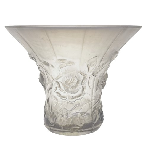 Glasvase, Art von Lalique. Farbloses Glas mit irisierendem Überfang, Dekor mit Rosenzweigen, große Öffnung. Unsign. Leichte Absplitterungen an den Rändern.