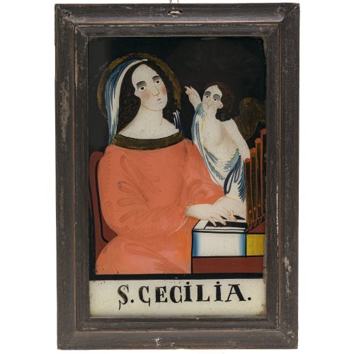 Hinterglasbild. Buchers oder Sandl. Hl. Cäcilia. Tempera/Glas. 26 x 16,5 cm.
