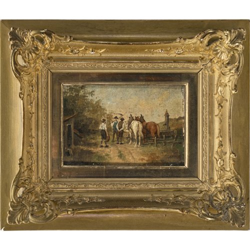 Kuglmayr, Max. Bauern mit zwei Pferden vor einem Brunnen. Öl/Hartfaser. 11 x 15,5 cm. Sign.