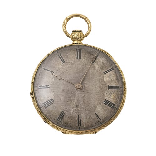 Herrentaschenuhr. Vergoldet, gravierter Muscheldekor. ø 4,8 cm. Alterungsspuren.