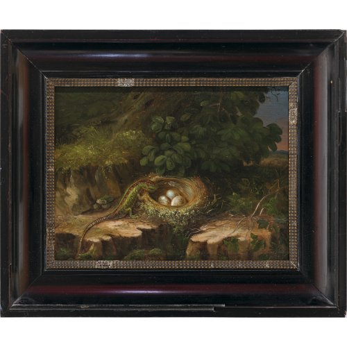 19. Jh. Eidechse vor einem Vogelnest. Öl/Holz. 24 x 29,5 cm. Besch., rest., Spanholzauflage. Unsign.