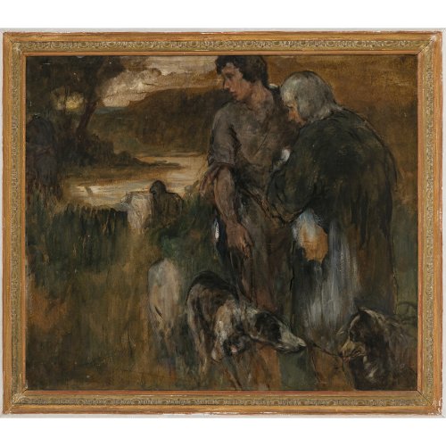 Deutsch, 20. Jh. Zwei Männer mit Jagdhunden. Öl/Karton. 62,5 x 73,5 cm, Unsign.