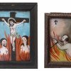 Zwei Hinterglasbilder. Christus am Kreuz und Seele im Fegefeuer. Bayern. 13,5 x 9 und 12 x  16 cm. Besch.