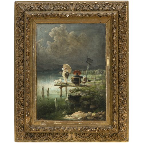 Deutsch, 19. Jh. Vor dem Gewitter. Zwei Herren auf einem Steg, das nahende Gewitter betrachtend. Öl/Lw. ﻿ 47 x 33 cm. Unleserl. sign. 