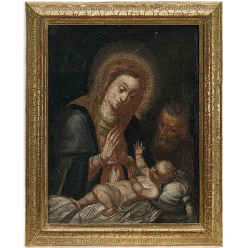 Süddeutsch, 18. Jh. Maria und Josef mit dem Jesuskind. Öl/Lw./Hartfaser. 50 x 38,5 cm. Rest., unsign.