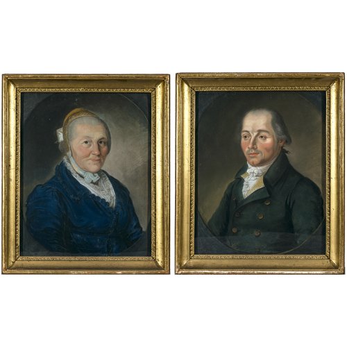 Deutsch, 19. Jh. Zwei Porträts. Pastell. Meinrad Sayle, geb. ca. 1750 und seine Frau Victoria Sayle, geb. Reichl um 1760. Ca. 39 x 32 cm. Unsign.