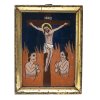 Hinterglasbild. Bayern, 20. Jh. Christus am Kreuz, flankiert von zwei armen Seelen im Fegefeuer. Tempera/Glas. 17 x 13 cm.