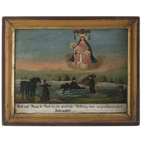 Votivtafel. Bayern, 18. Jh. Szene an einem Fluss, mit Inschrift. Darüber Pieta (Gnadenbild Gartlberg ).21,5 x 27 cm.