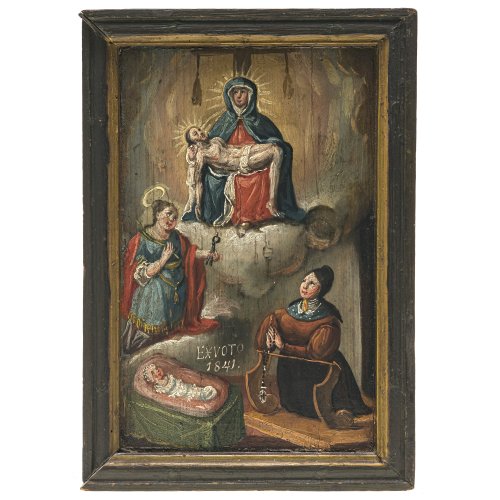 Votivtafel. Bayern, 19. Jh. Gnadenbild der Pieta von Gartlberg in einer Wolkenaureole. Daneben hl. Apollonia, darunter Votantin mit Kind. Dat. 1841. 27 x 18 cm.