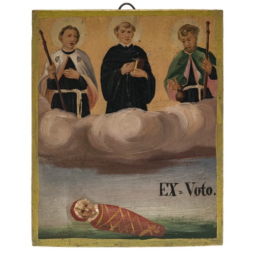 Votivtafel. Bayern, 19. Jh. Zwei Pilger und Heiliger mit Rosenkranz. Darunter Wickelkind. bez.: Ex=Voto.