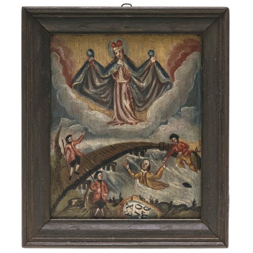 Votivtafel. Süddeutsch, 18. Jh. Muttergottes mit weit geöffnetem Mantel. Darunter ein Unglück an einer Brücke. DBez.: Ex Voto. 29 x 24,5 cm.