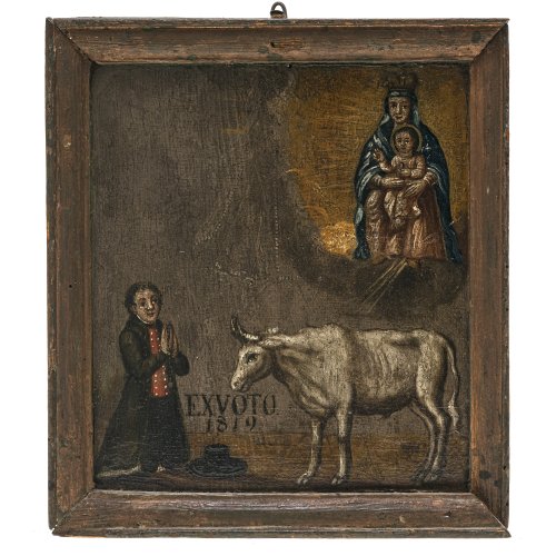 Votivtafel. Bayern, 19. Jh. Muttergottes mit Kind auf dem Schoß, darunter ein kniender Votant und ein Stier. 23,5 x 21 cm. Dat. 1819.