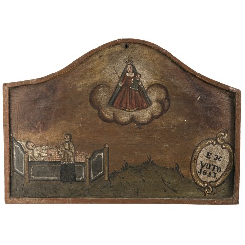 Votivtafel. Bayern, 19. Jh. Muttergottes mit Kind in einer Wolkenaureole, darunter Kranker im Bett mit Priester. 24,5 x 35,5 cm. Dat. 1813.