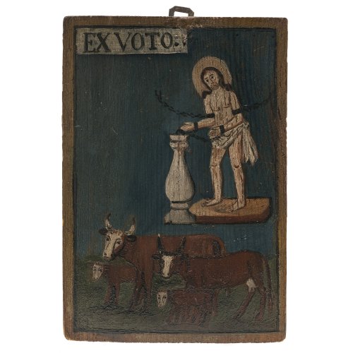 Votivtafel. Heiland in der Wies, daneben kleine Rinderherde. Ex Voto. 18 x 12,5 cm. Rücks. bez.: