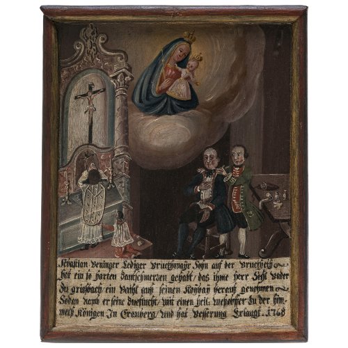 Votivtafel. Bayern, 18. Jh. Muttergottes mit Kind in einer Wolkenaureole. Daneben Altar mit Priester und Ministrant. Rechts Votant mit Bader, darunter Spruchband. 32 x 25,5 cm. Dat. 1768.